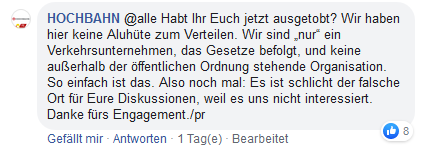 Screenshot der Antwort des Social-Media-Teams auf Kritik